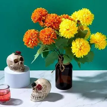 Artificial Marigold Flowers, 4 Pack 12 Inch Silk Marigold Flower Heads Bouquet for Day of The Dead Decor Halloween Decoration Dia De Los Muertos Home Decoration, Orange & Yellow