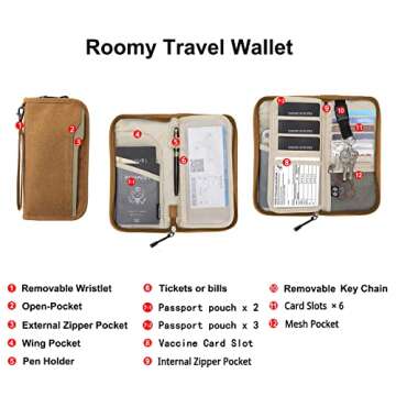 ZOPPEN Rfid Passport Holder Travel Wallet Family Documents Organizer Travel Accessories for 6 Passport, with Vaccine Card Slot Fits 4.3 X 3.5 inches Vaccine Card, #05 Khaki