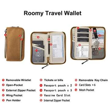 ZOPPEN Rfid Passport Holder Travel Wallet Family Documents Organizer Travel Accessories for 6 Passport, with Vaccine Card Slot Fits 4.3 X 3.5 inches Vaccine Card, #05 Khaki