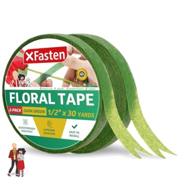 XFasten Wide Floral Tapes for Bouquet 1/2-Inch x 30 Yards - Dark Green (2-Pack) Bouquet Stem Wrap Ta...
