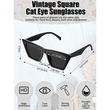 Frienda 3 Pairs Vintage Square Cat Eye Sunglasses Unisex Small Trendy Cateye Sunglasses