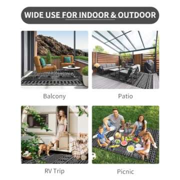 Outdoor Rug Carpet Waterproof 5x8 ft Patio Rug Mat Indoor Outdoor Area Rug for RV Camping Picnic Reversible Lightweight Plastic Straw Outside Rug for Patio Decor Decoration Boho Rug Black White