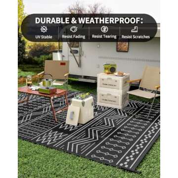 Outdoor Rug Carpet Waterproof 5x8 ft Patio Rug Mat Indoor Outdoor Area Rug for RV Camping Picnic Reversible Lightweight Plastic Straw Outside Rug for Patio Decor Decoration Boho Rug Black White