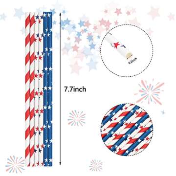 Whaline 200Pcs Independence Day Paper Straws Star Stripe Disposable Straws Red Blue White Drinking W...