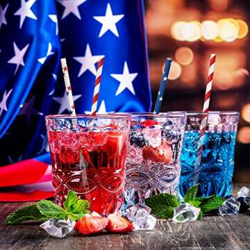 Whaline 200Pcs Independence Day Paper Straws Star Stripe Disposable Straws Red Blue White Drinking Well Crafted Straws for Juices Shakes Cocktail 4th of July Decoration Patriotic Party Event Supplies