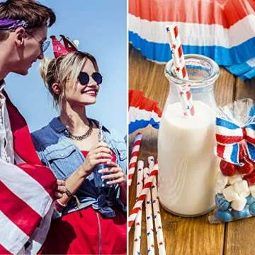 Whaline 200Pcs Independence Day Paper Straws Star Stripe Disposable Straws Red Blue White Drinking Well Crafted Straws for Juices Shakes Cocktail 4th of July Decoration Patriotic Party Event Supplies