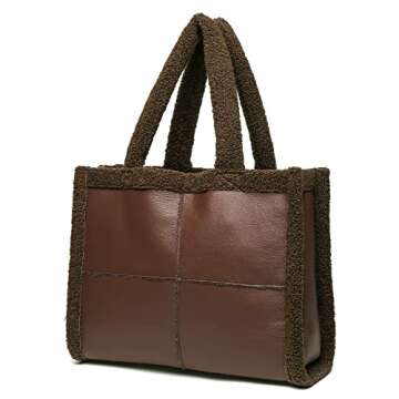 Like Dreams Women Soft Sherpa Tote Vintage Vegan Leather Winter Fashion Large Handbag Purse (Chocolate Brown)