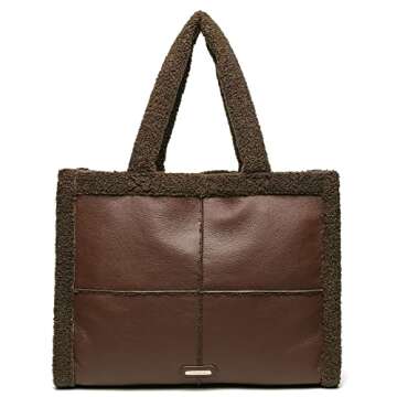 Like Dreams Women Soft Sherpa Tote Vintage Vegan Leather Winter Fashion Large Handbag Purse (Chocolate Brown)
