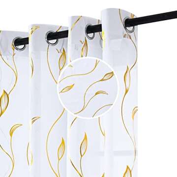 youleyar Gold Foil Print Voile Sheer Curtains,Wicker Grommet Top Window Drapes 96 Inches Long, Luxur...
