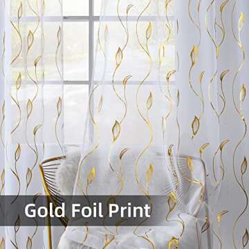 youleyar Gold Foil Print Voile Sheer Curtains,Wicker Grommet Top Window Drapes 96 Inches Long, Luxury Metallic Bronzing Treatment Panels for Home Window Decoration, 2 Panels