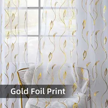 youleyar Gold Foil Print Voile Sheer Curtains,Wicker Grommet Top Window Drapes 96 Inches Long, Luxury Metallic Bronzing Treatment Panels for Home Window Decoration, 2 Panels