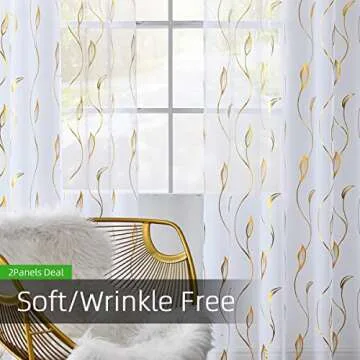 youleyar Gold Foil Print Voile Sheer Curtains,Wicker Grommet Top Window Drapes 96 Inches Long, Luxury Metallic Bronzing Treatment Panels for Home Window Decoration, 2 Panels