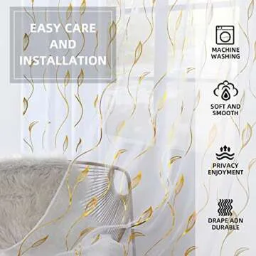 youleyar Gold Foil Print Voile Sheer Curtains,Wicker Grommet Top Window Drapes 96 Inches Long, Luxury Metallic Bronzing Treatment Panels for Home Window Decoration, 2 Panels