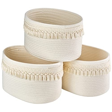 Mkono 3 Pack Storage Baskets Bins for Shelves Boho Toys Organizer Decor Small White Woven Cotton Rop...