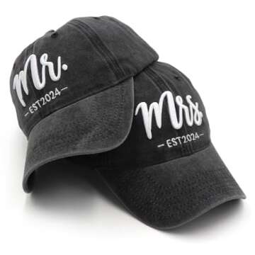 Mr and Mrs EST 2024 Hats for Men Women, Bride Groom Hat 3D Embroidered Baseball Cap Newlywed Honeymo...