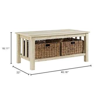 Walker Edison Alayna Mission Style Two Tier Coffee Table with Rattan Storage Baskets, 40 Inch, White