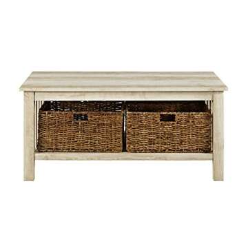Walker Edison Alayna Mission Style Two Tier Coffee Table with Rattan Storage Baskets, 40 Inch, White
