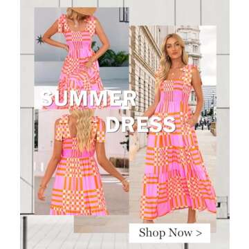 CURBODOWomen's Summer Maxi Dress Boho Spaghetti Straps Casual Long A-line Smocked Beach Dress Square Neck Flowy Sun Dress A-Pink