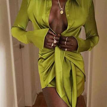 Adogirl Sexy Satin Shirt Dress for Women Summer Long Sleeve Button Down V Neck Tie Waist Ruched Wrap Mini Dress Party Club Formal Outfits Green
