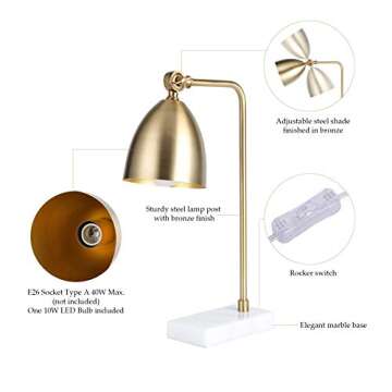 CO-Z Gold Desk Lamp with LED Bulb Adjustable, Antique Brass Metal Table Lamp Marble Base, Mid Century Modern Reading Lamp Office, 18’’ Industrial Work Lamp for Reading Bedroom Living Room Office.
