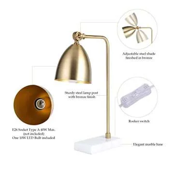 CO-Z Gold Desk Lamp with LED Bulb Adjustable, Antique Brass Metal Table Lamp Marble Base, Mid Century Modern Reading Lamp Office, 18’’ Industrial Work Lamp for Reading Bedroom Living Room Office.