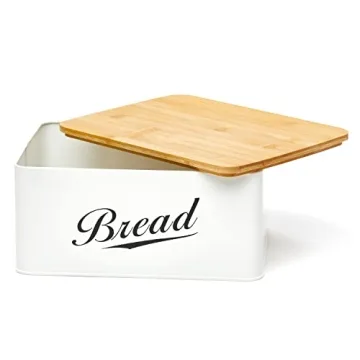RoyalHouse Modern Metal Bread Box with Bamboo Cutting Board Lid, Bread Storage Container for Kitchen Counter, Vintage Kitchen Decor Organizer