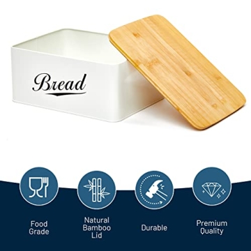 RoyalHouse Modern Metal Bread Box with Bamboo Cutting Board Lid, Bread Storage Container for Kitchen Counter, Vintage Kitchen Decor Organizer