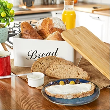 RoyalHouse Modern Metal Bread Box with Bamboo Cutting Board Lid, Bread Storage Container for Kitchen Counter, Vintage Kitchen Decor Organizer