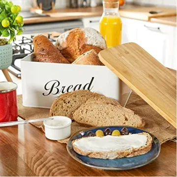RoyalHouse Modern Metal Bread Box with Bamboo Cutting Board Lid, Bread Storage Container for Kitchen Counter, Vintage Kitchen Decor Organizer