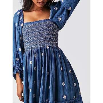 Chloefairy Women's Flower Embroidered Maxi Dress Lantern Sleeve Square Neck Tiered Flowy Spring Fall Dress (as1, Alpha, s, Regular, Regular, Dark Blue)