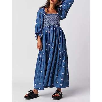 Chloefairy Women's Flower Embroidered Maxi Dress Lantern Sleeve Square Neck Tiered Flowy Spring Fall Dress (as1, Alpha, s, Regular, Regular, Dark Blue)
