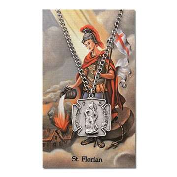HJ Sherman St Florian Firefighters Service Necklace Badge Shaped with Holy Prayer Card