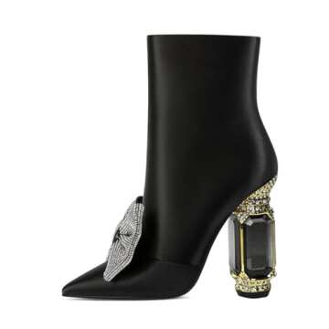 FSJ Women Chic Pointed Toe Crystal Chunky Block High Heel Ankle Boots - Fashionable & Comfortable