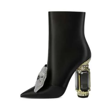 FSJ Women Chic Pointed Toe Crystal Chunky Block High Heel Ankle Boots - Fashionable & Comfortable