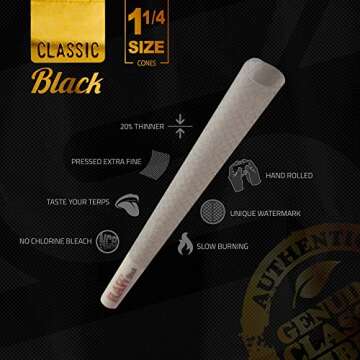 RAW Cones Classic Black 1-1/4 Size | 100 Pack | Slow Burning Pre Rolled Cones - Rolling Paper Pressed Extra Fine for Thin, Naturally Translucent Paper with Tips & Packing Tubes Included