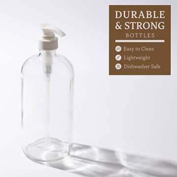 kitchentoolz 32-Ounce Large Clear Glass Boston Round Bottles w/Pumps. Great for Lotions, Soaps, Oils, Sauces - Food Safe and Medical Grade (Pack of 2)