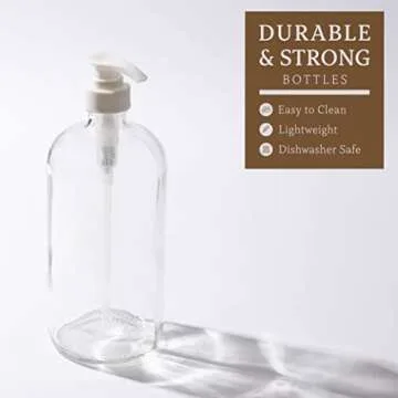 kitchentoolz 32-Ounce Large Clear Glass Boston Round Bottles w/Pumps. Great for Lotions, Soaps, Oils, Sauces - Food Safe and Medical Grade (Pack of 2)
