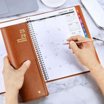 2025-2026 Monthly Planner - Jul. 2025 - Dec. 2026, 2025-2026 Calendar/Planner 18 Months with Faux Leather, 8.86" x 11.4", 15 Notes Pages, Strong Twin - Wire Binding, Pocket, Monthly Tabs, Perfect Organizer