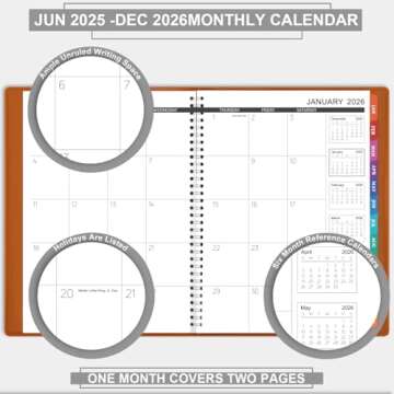 2025-2026 Monthly Planner - Jul. 2025 - Dec. 2026, 2025-2026 Calendar/Planner 18 Months with Faux Leather, 8.86" x 11.4", 15 Notes Pages, Strong Twin - Wire Binding, Pocket, Monthly Tabs, Perfect Organizer