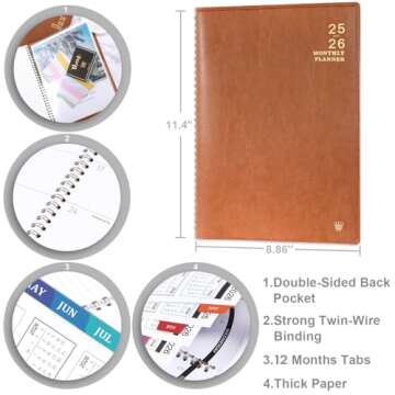 2025-2026 Monthly Planner - Jul. 2025 - Dec. 2026, 2025-2026 Calendar/Planner 18 Months with Faux Leather, 8.86" x 11.4", 15 Notes Pages, Strong Twin - Wire Binding, Pocket, Monthly Tabs, Perfect Organizer