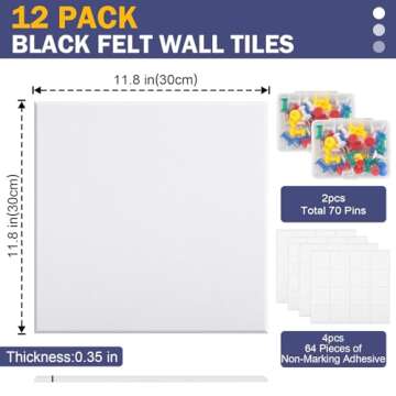 12 PCS Large Cork Boards Alternative，36”x48” Reusable Felt Wall Tile with 70 Pins,64 Safe and Removable Non-Marking Adhesives,Bulletin Boards for Walls, Office, Classroom，Living Room, Dartboard-White