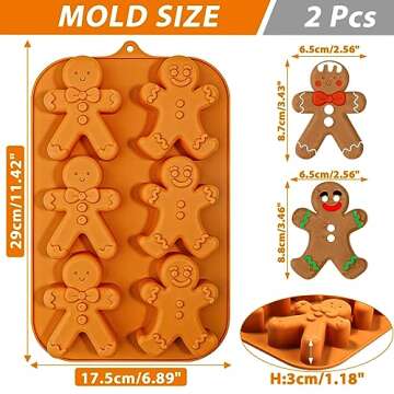 Webake Gingerbread Man Silicone Mold, 6-Cavity Christmas Molds Shaped with Gingerbread Man for Cake, Soap, Jelly, Cookie (Pack of 2)