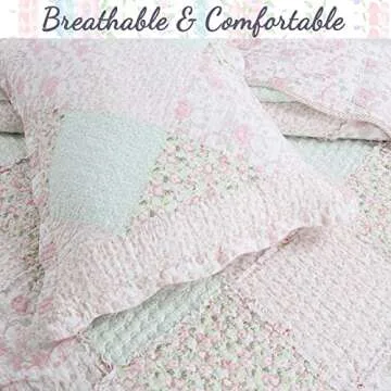 Cozy Line Home Fashions 100% Cotton Real Patchwork Floral Pink Rose Shabby Chic Girly Reversible Quilt Bedding Set, Coverlet Bedspread (La Rosa Rêve, Queen - 3 Piece)