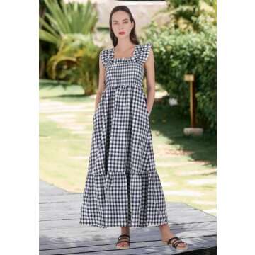 chouyatou Women's Retro Plaid Smocked Dress Spaghetti Strap Flounce Long Dress (X-Large, Black)