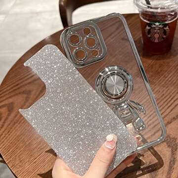 COOWEEK Astronaut Phone Case for iPhone 13 Glitter,Luxury Bling Sparkly Shiny Clear Plating Case with Hidden Stand Ring Holder Soft Cover for Women Girly,Black Bling,6.1 Inch