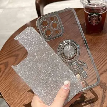 COOWEEK Astronaut Phone Case for iPhone 13 Glitter,Luxury Bling Sparkly Shiny Clear Plating Case with Hidden Stand Ring Holder Soft Cover for Women Girly,Black Bling,6.1 Inch