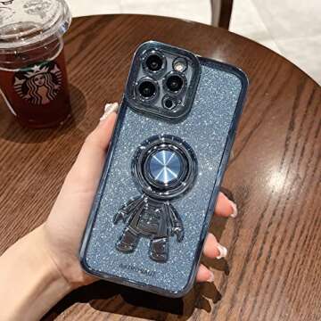 COOWEEK Astronaut Phone Case for iPhone 13 Glitter,Luxury Bling Sparkly Shiny Clear Plating Case with Hidden Stand Ring Holder Soft Cover for Women Girly,Black Bling,6.1 Inch