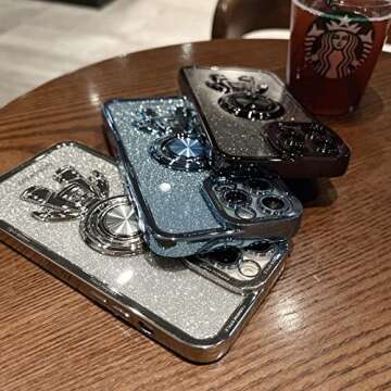 COOWEEK Astronaut Phone Case for iPhone 13 Glitter,Luxury Bling Sparkly Shiny Clear Plating Case with Hidden Stand Ring Holder Soft Cover for Women Girly,Black Bling,6.1 Inch