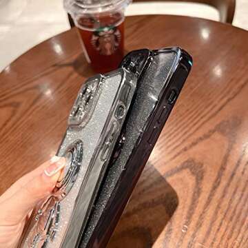 COOWEEK Astronaut Phone Case for iPhone 13 Glitter,Luxury Bling Sparkly Shiny Clear Plating Case with Hidden Stand Ring Holder Soft Cover for Women Girly,Black Bling,6.1 Inch