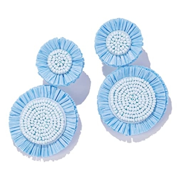 Handmade Tropical Flower Boho Raffia Dangle Earrings for Summer Style